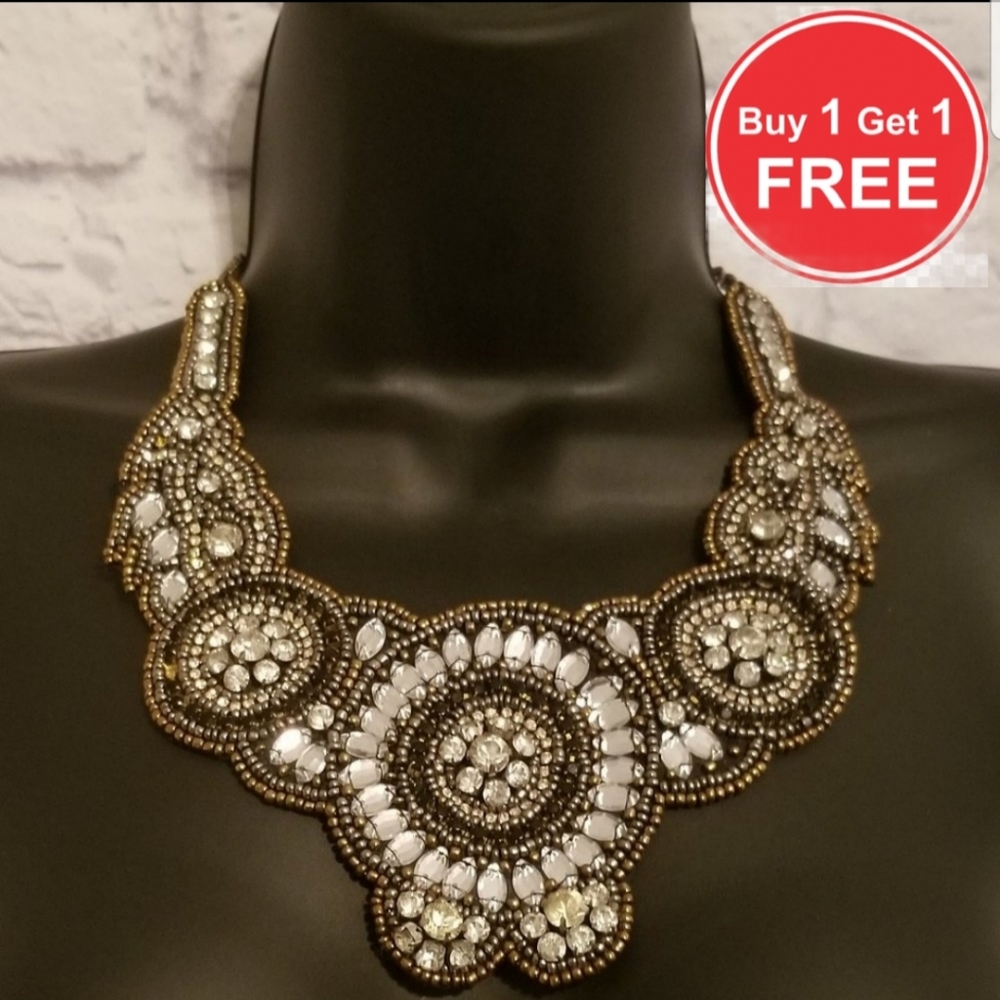 Fabric Bib Beaded Statement Necklace